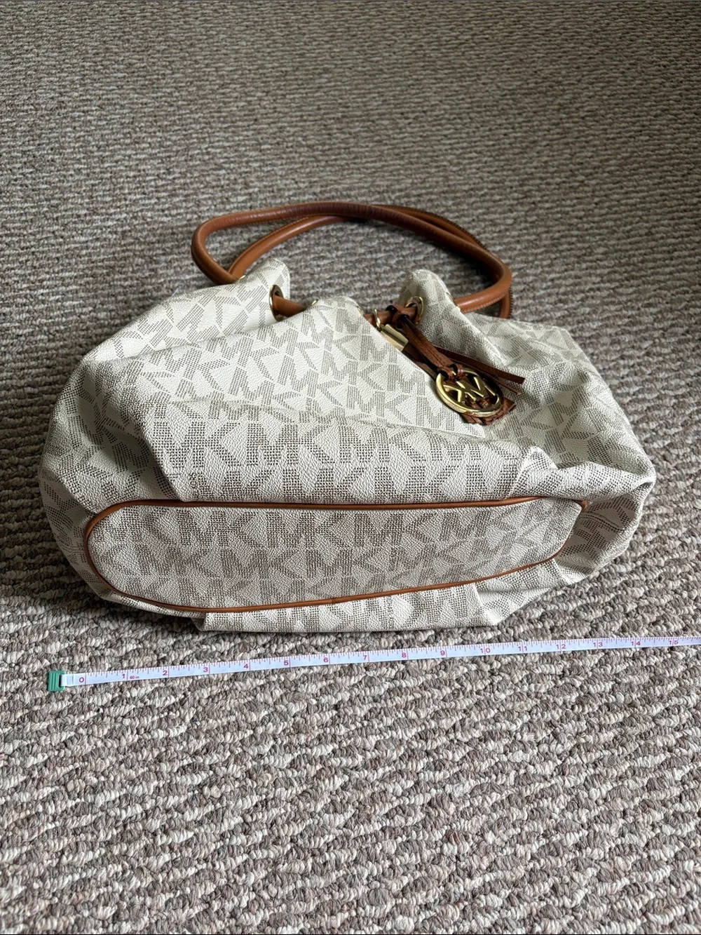 Michael Kors Cream MK Logo Ring Tote with Brown Leather Handles